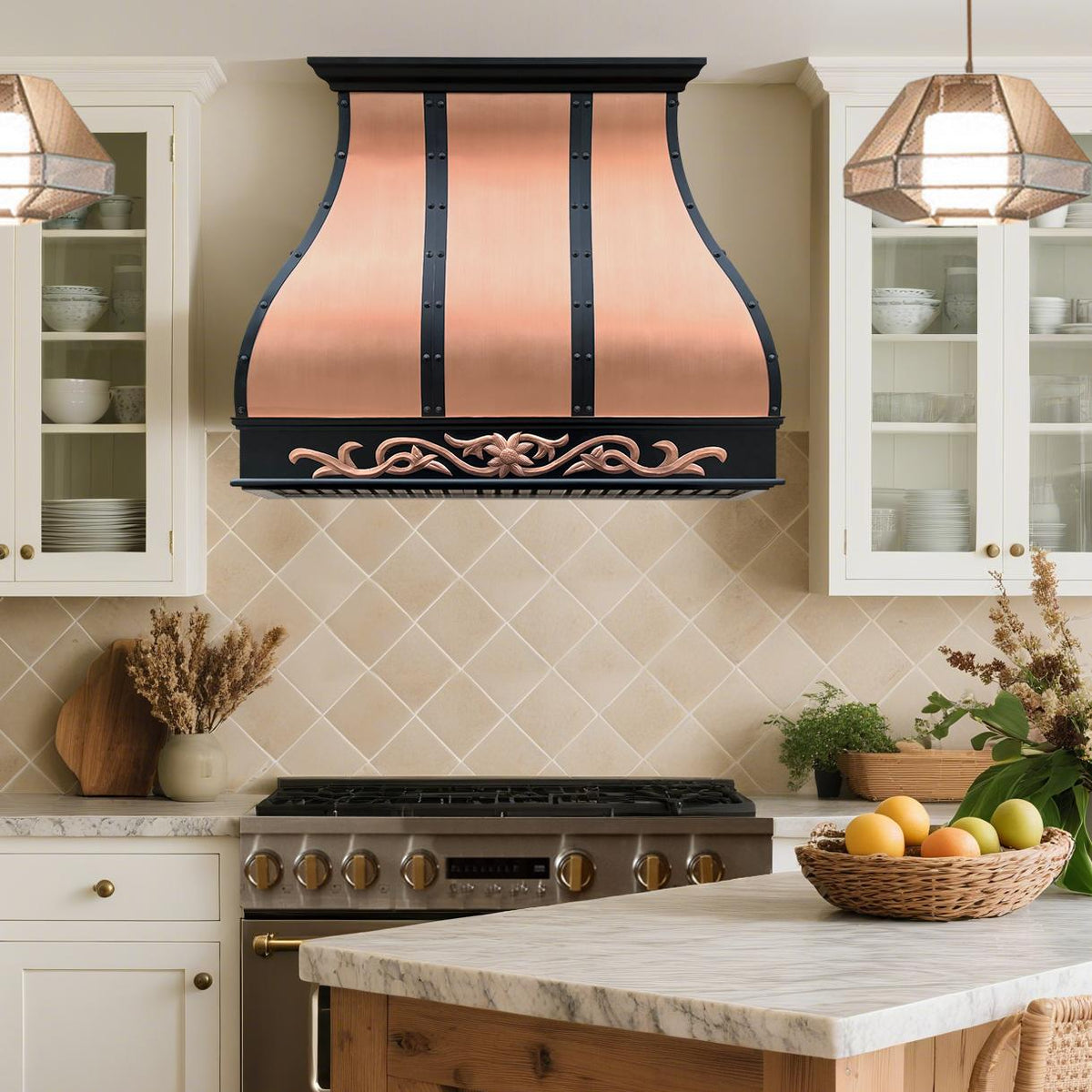 Fobest Copper Kitchen Hood with Dark Trim and Decorative Apron FCP-257-Copper Range Hood-Fobest