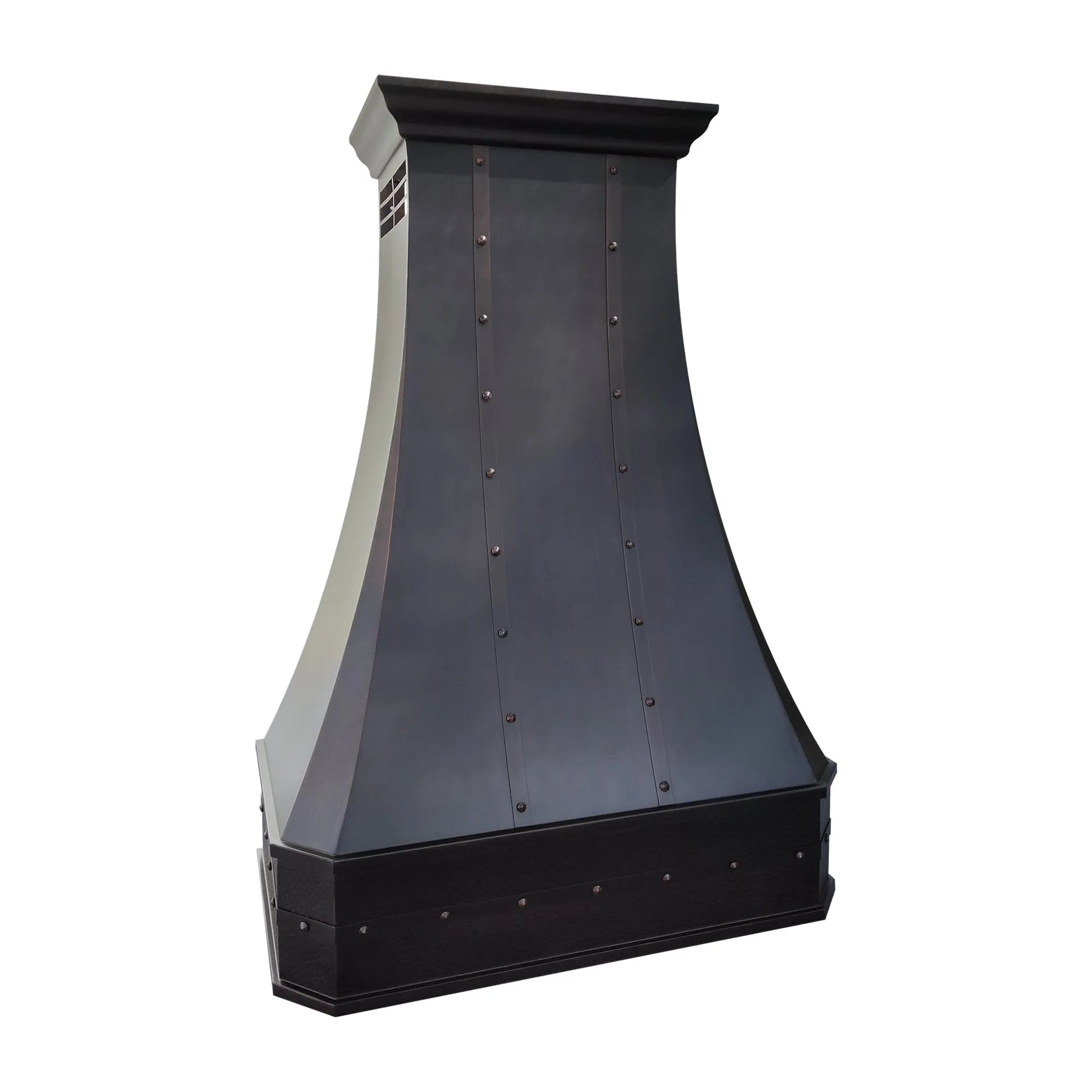 Decorative copper wall-mounted hood with metallic finish on a white background