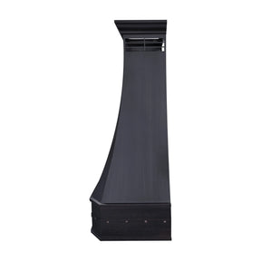 Black copper range hood on a white background