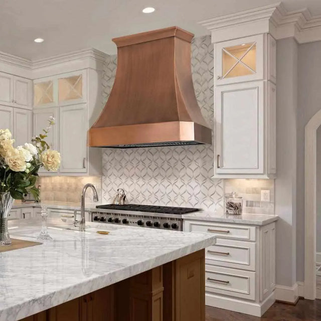 FOBEST FCP-35 antique copper range hood above a kitchen range