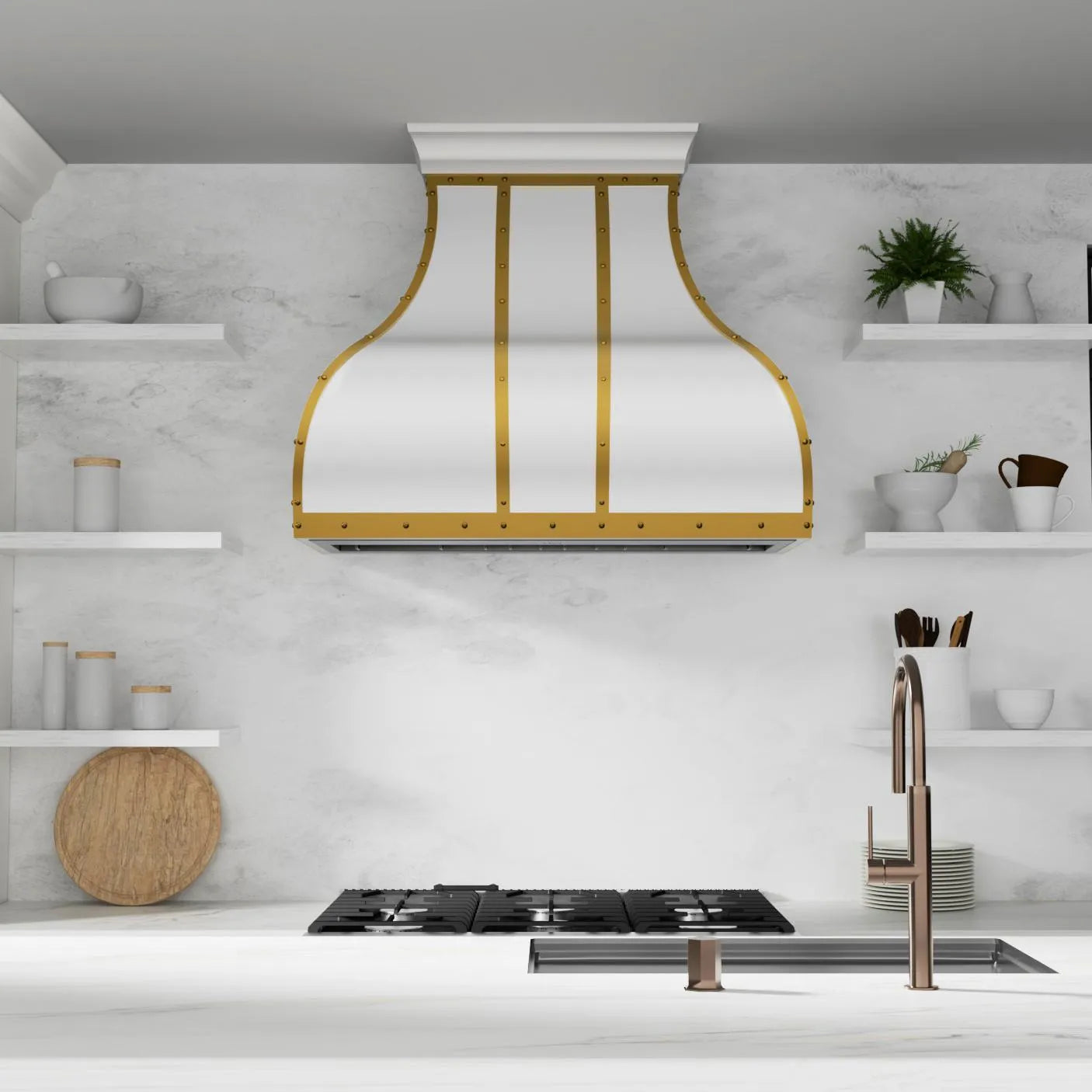 Fobest Custom White Range Hood with Brass Trims FSS-161-Stainless Steel Range Hood-Fobest