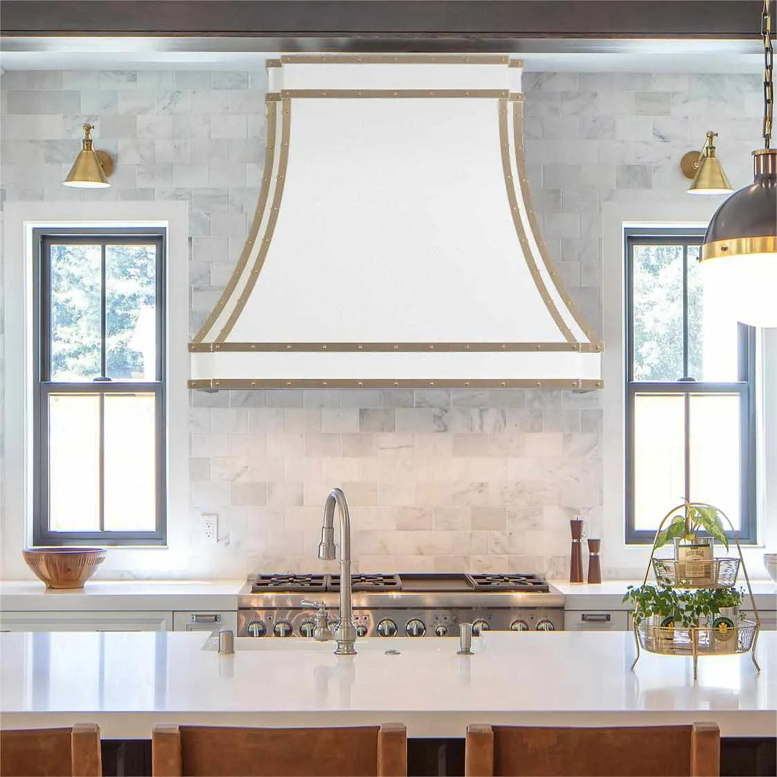 Fobest Custom White Stainless Steel Range Hood with Brass Trim FSS-61-Stainless Steel Range Hood-Fobest