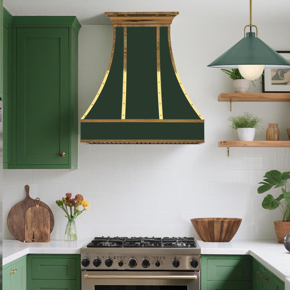 Fobest Green Stainless Steel Range Hood with Polished Brass Straps FSS-387-Stainless Steel Range Hood-Fobest