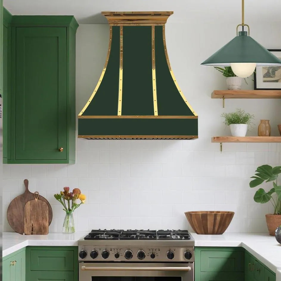 Fobest Green Stainless Steel Range Hood with Polished Brass Straps FSS-387-Stainless Steel Range Hood-Fobest