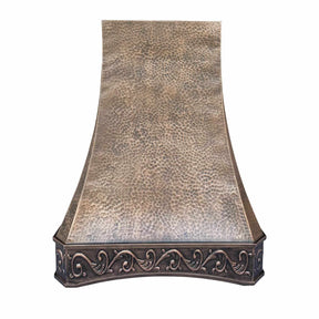 Antique copper range hood with intricate design, iwith vintage apron pattern.