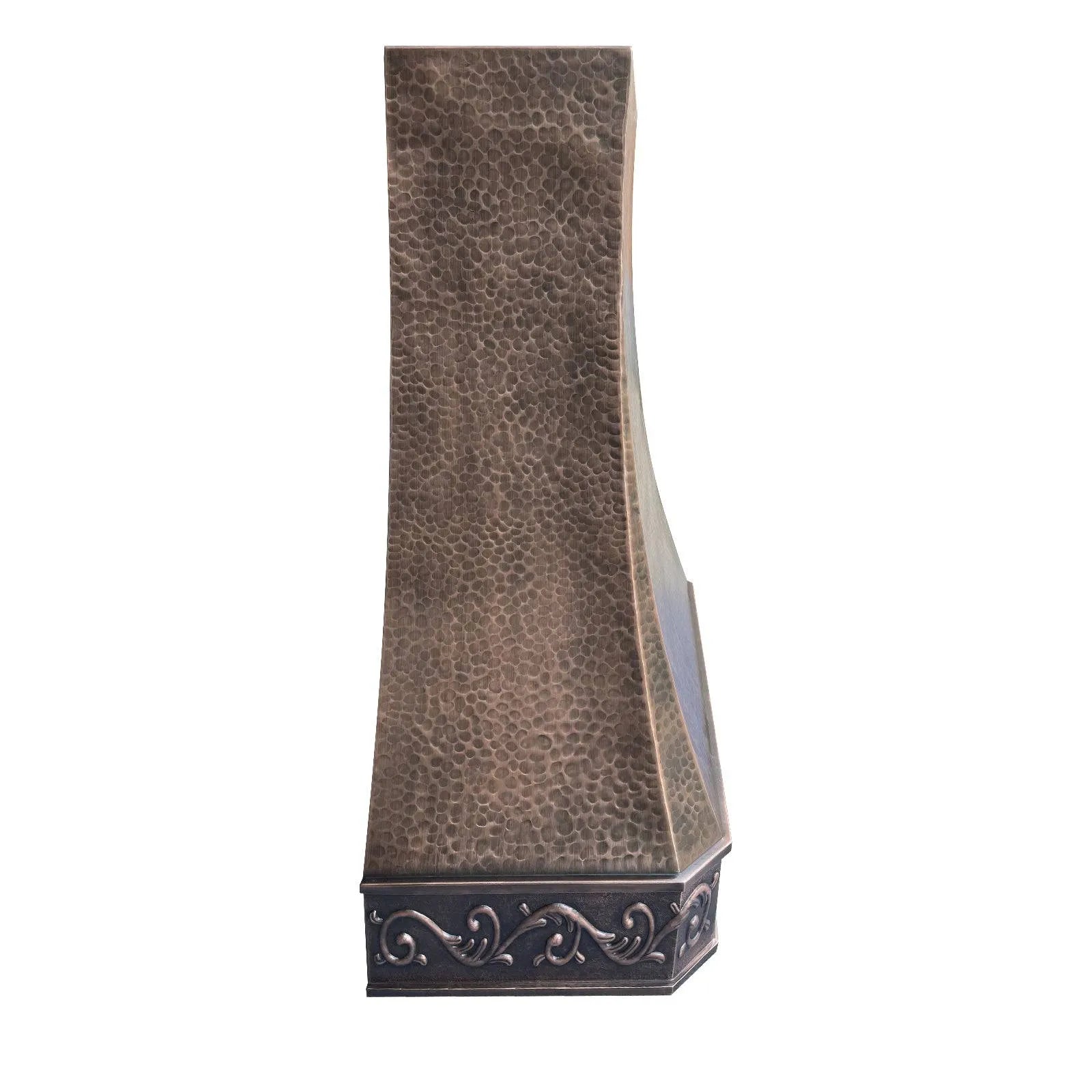 Antique copper range hood with intricate design, with vintage apron pattern.