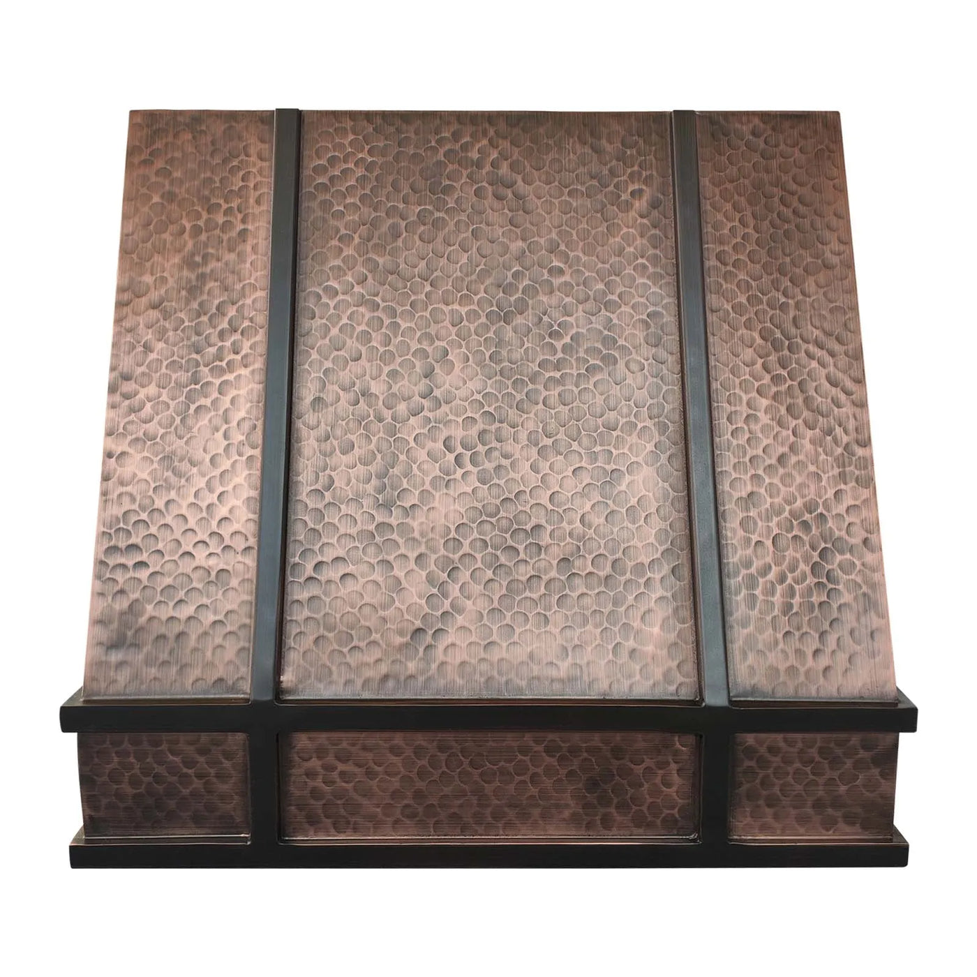 Fobest Hammered Copper Range Hood with Dark Antique Copper Straps Decor