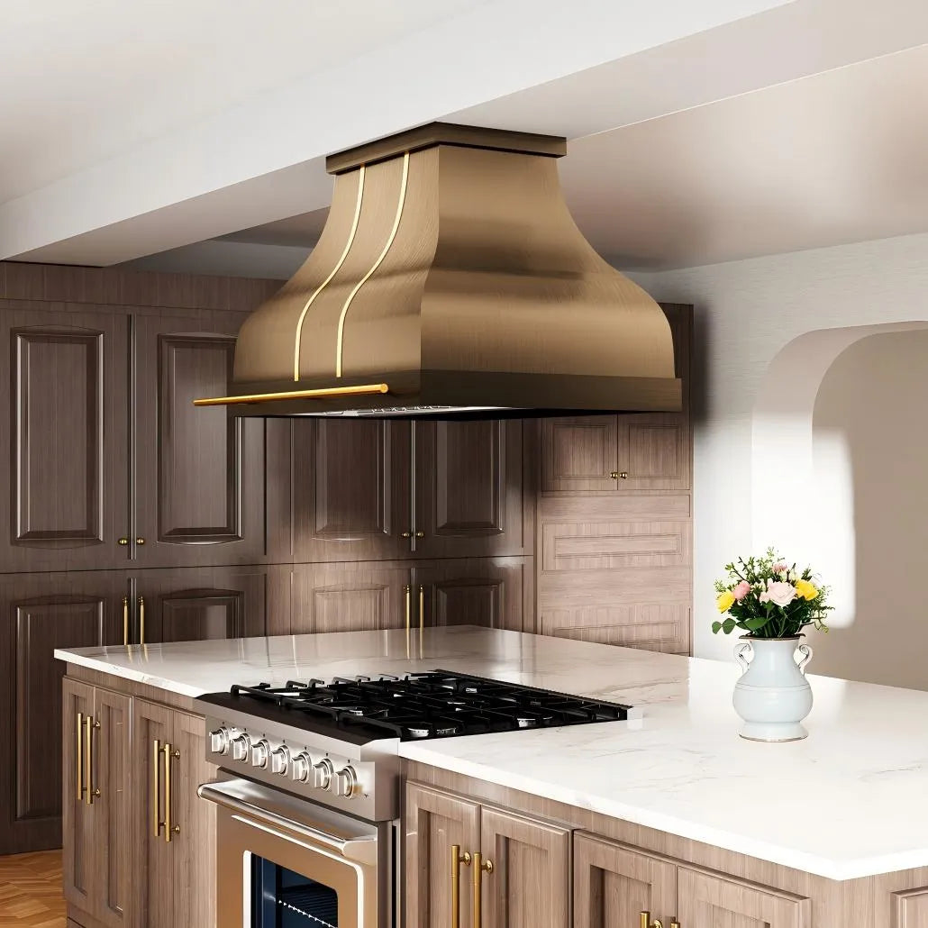 Fobest Island Brass Range Hood with Polished Gold Straps FSS-425-Stainless Steel Range Hood-Fobest