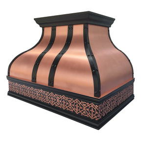 Copper and black decorative range hood on a white background