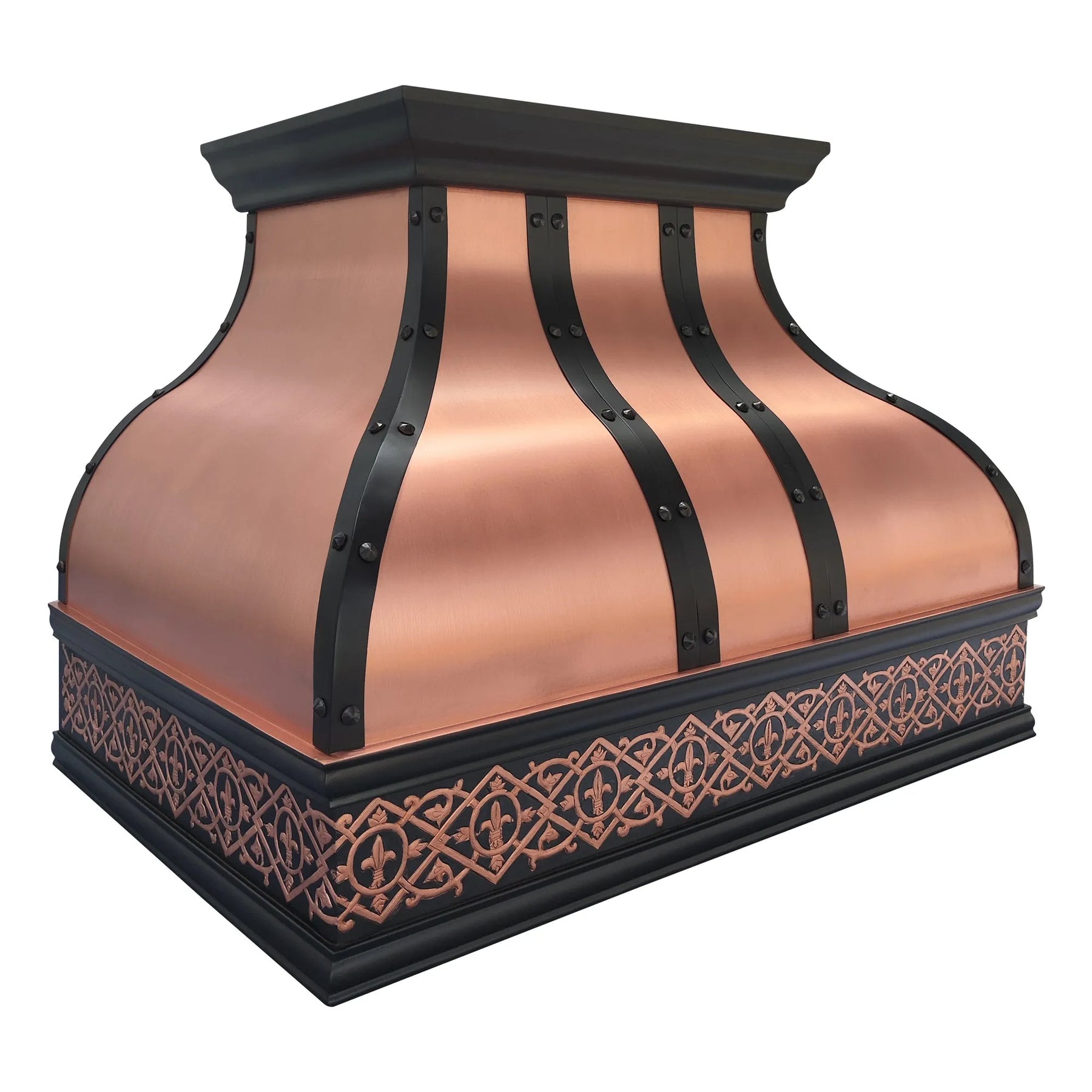 Copper range hood with decorative black trim on a white background