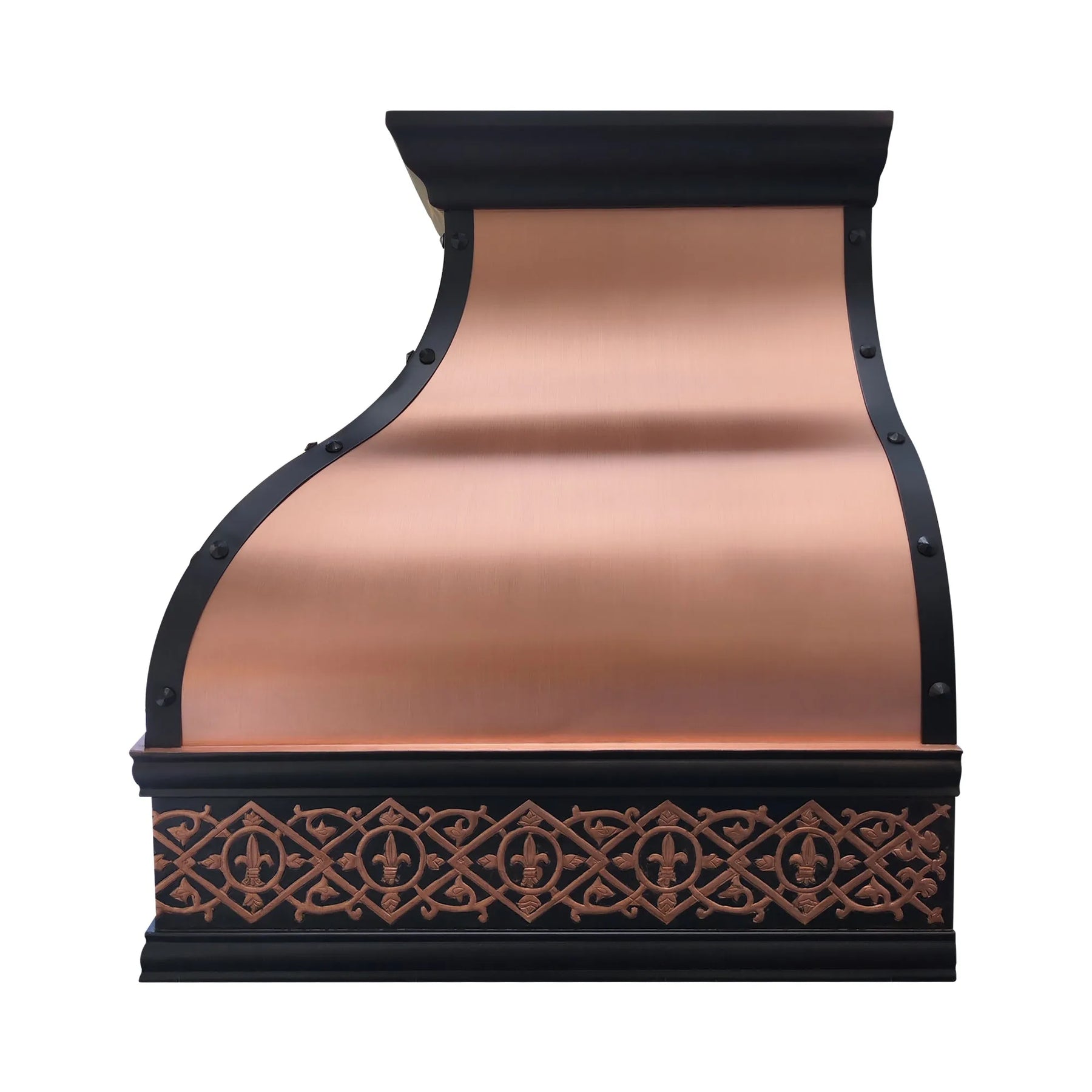 Left View of Fobest Copper range hood with decorative black trim on a white background