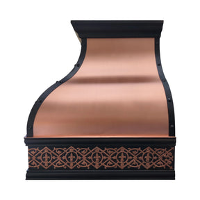 Left View of Fobest Copper range hood with decorative black trim on a white background
