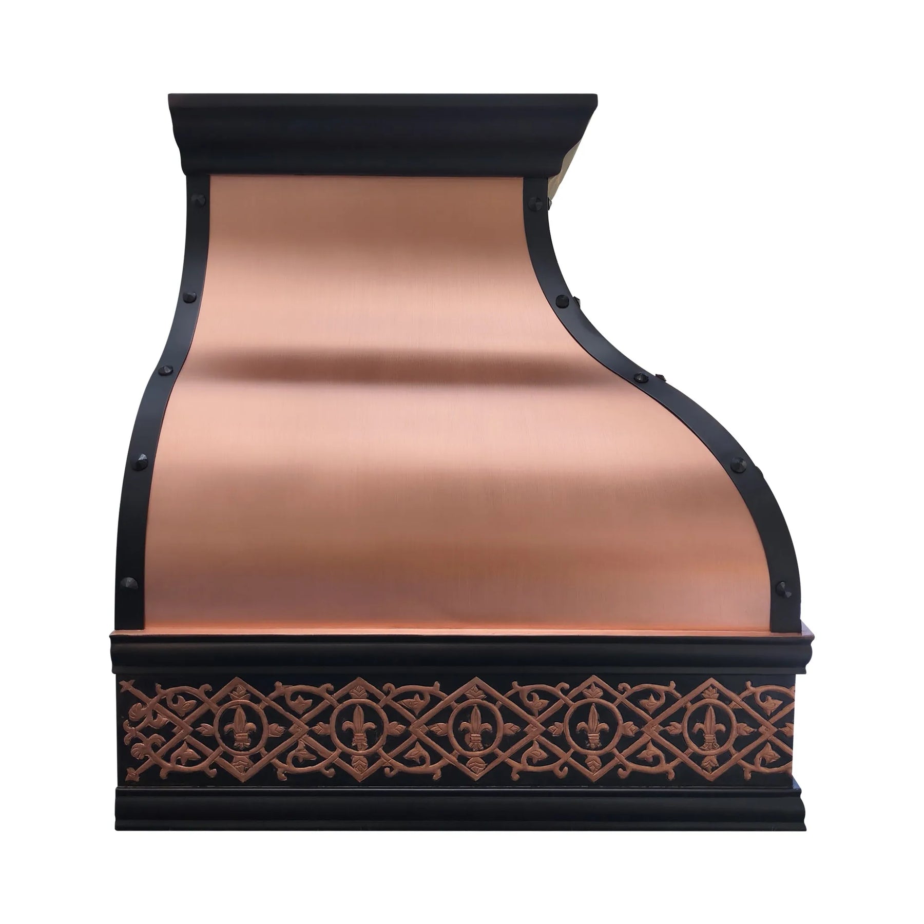 Copper range hood with decorative black border on a white background
