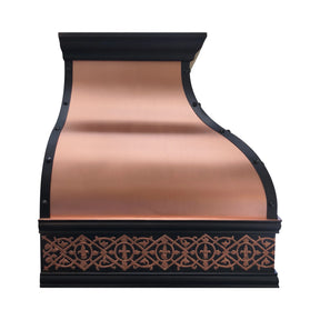 Copper range hood with decorative black border on a white background