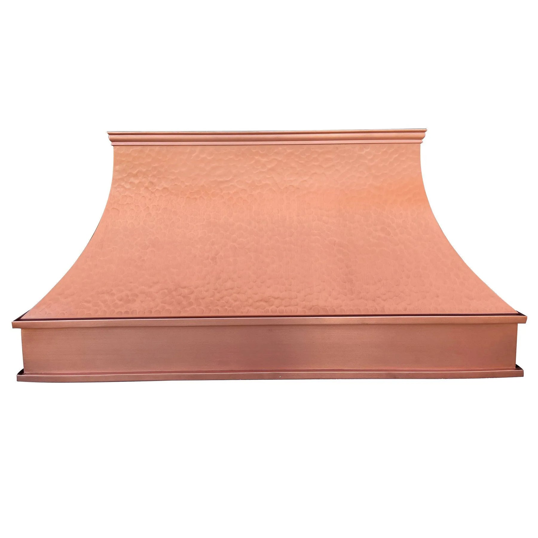 A natural copper range hood with a curved design with light hammered texture.