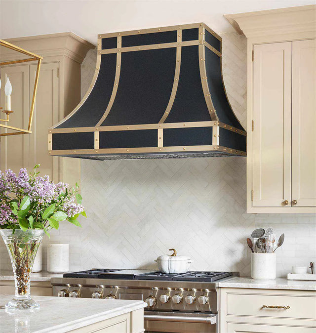 FOBEST FSS-113 black stainless steel range hood with brass accents