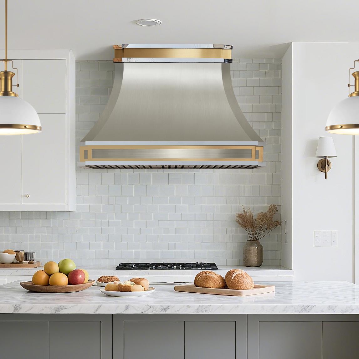 Fobest Stainless Steel Range Hood with Brass Frame Detailing FSS-389-Stainless Steel Range Hood-Fobest
