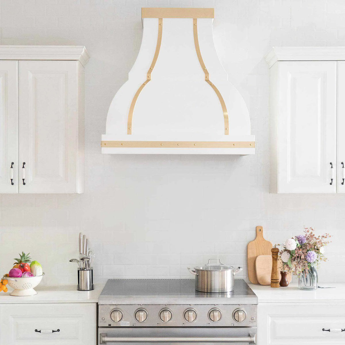Fobest Stainless Steel White Range Hood with Brass Decor FSS-34-Stainless Steel Range Hood-Fobest