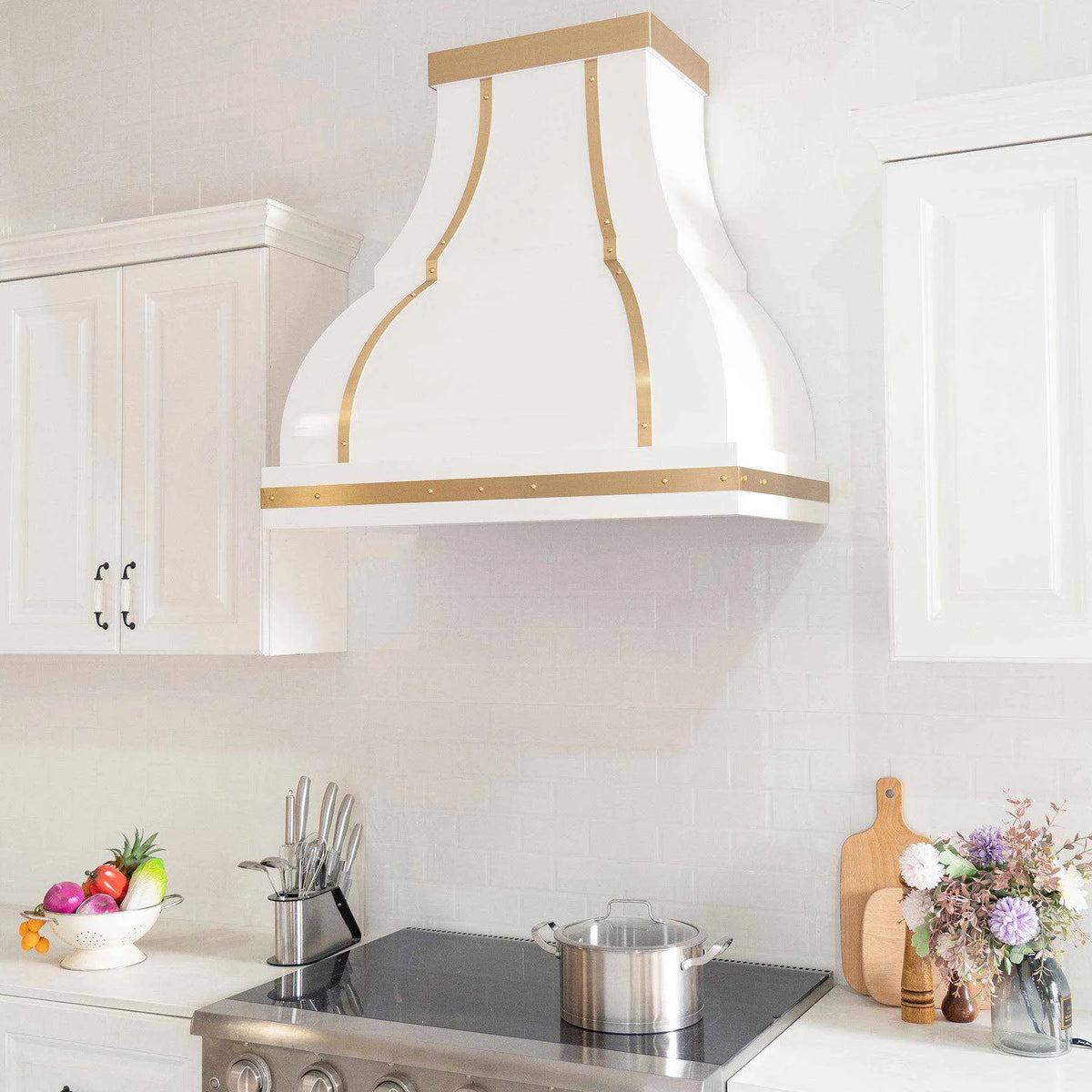 Fobest Stainless Steel White Range Hood with Brass Decor FSS-34-Stainless Steel Range Hood-Fobest