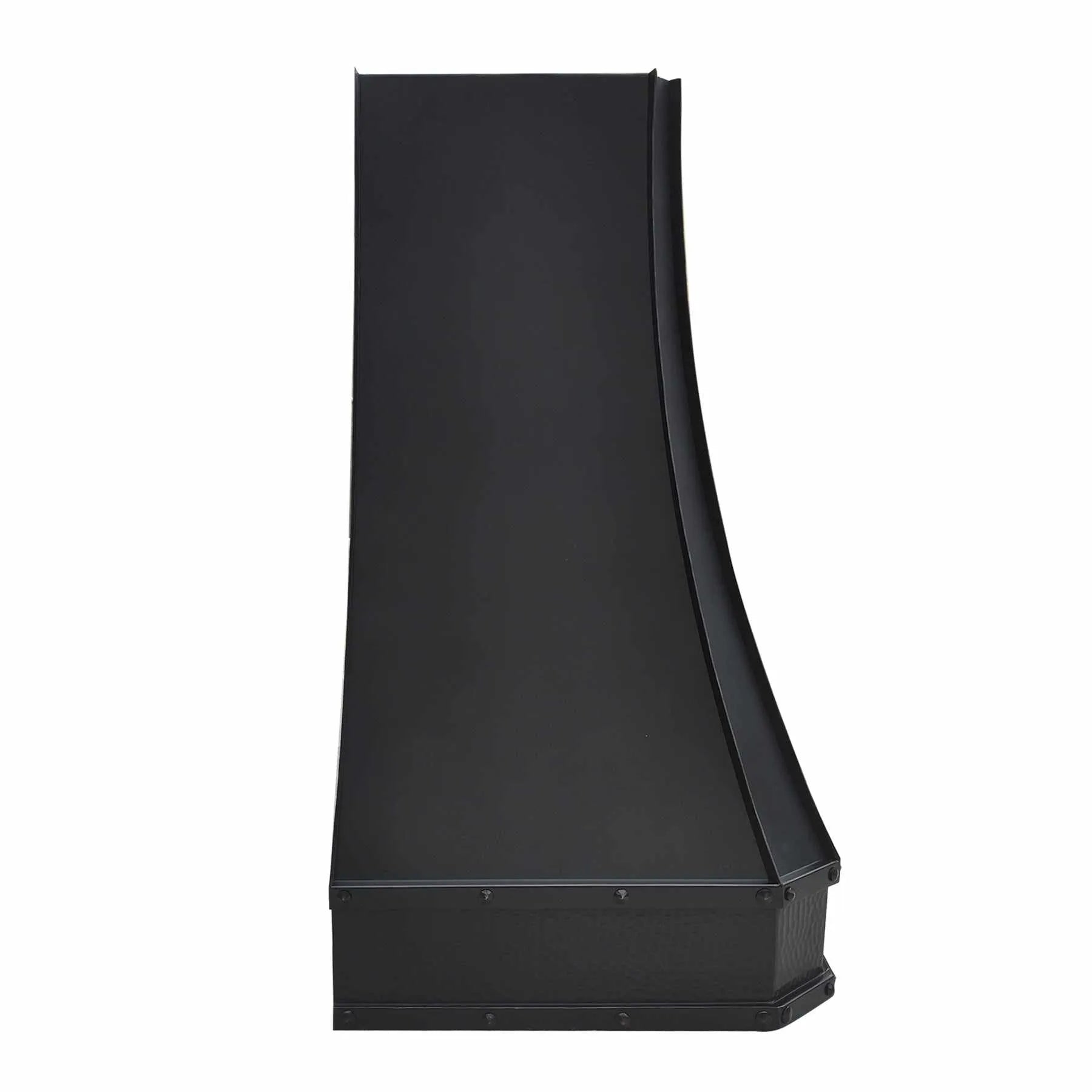 A bronze copper range hood with rivet details, curved lines