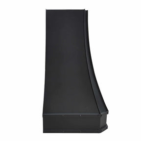 A bronze copper range hood with rivet details, curved lines