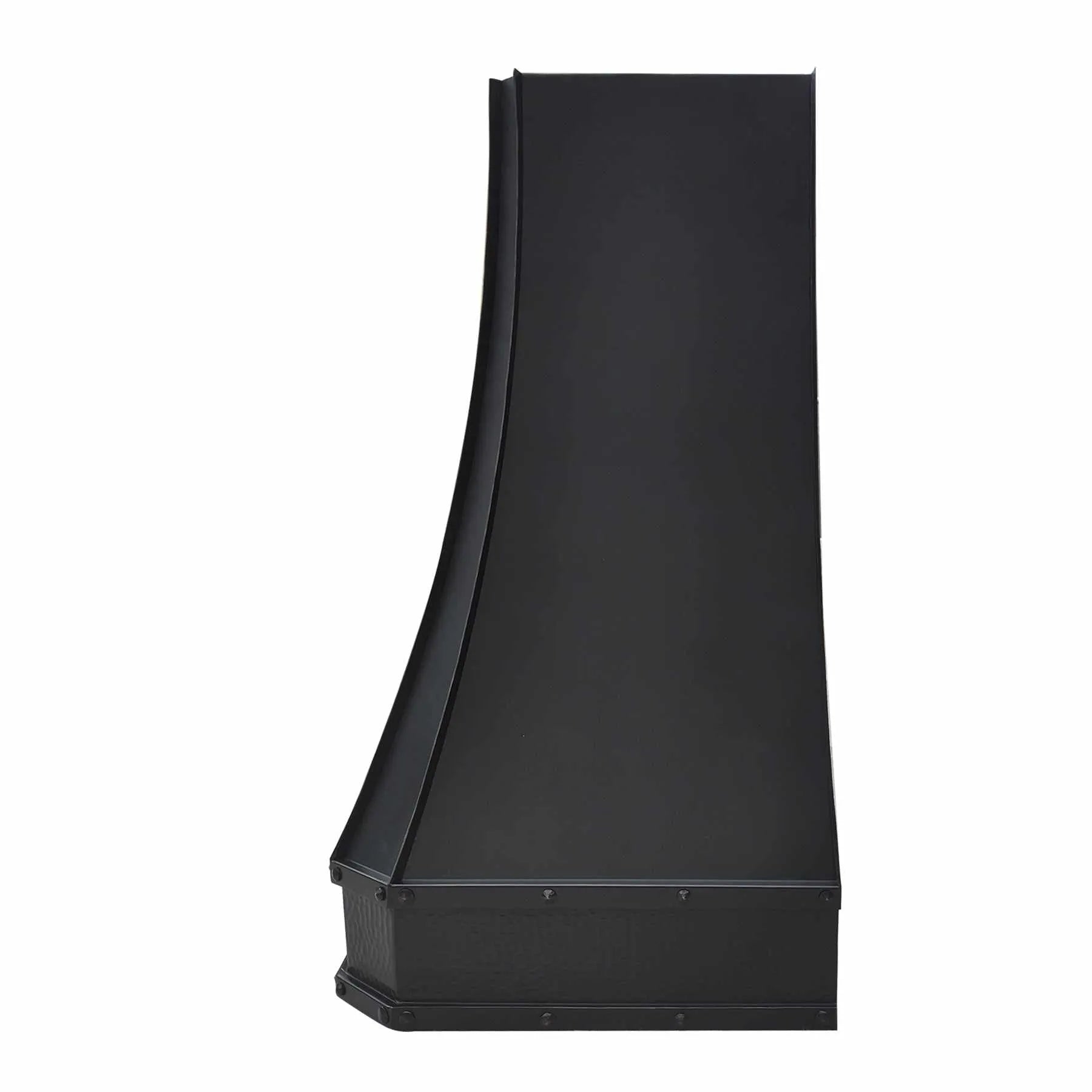 A bronze copper range hood with rivet details, clear lines