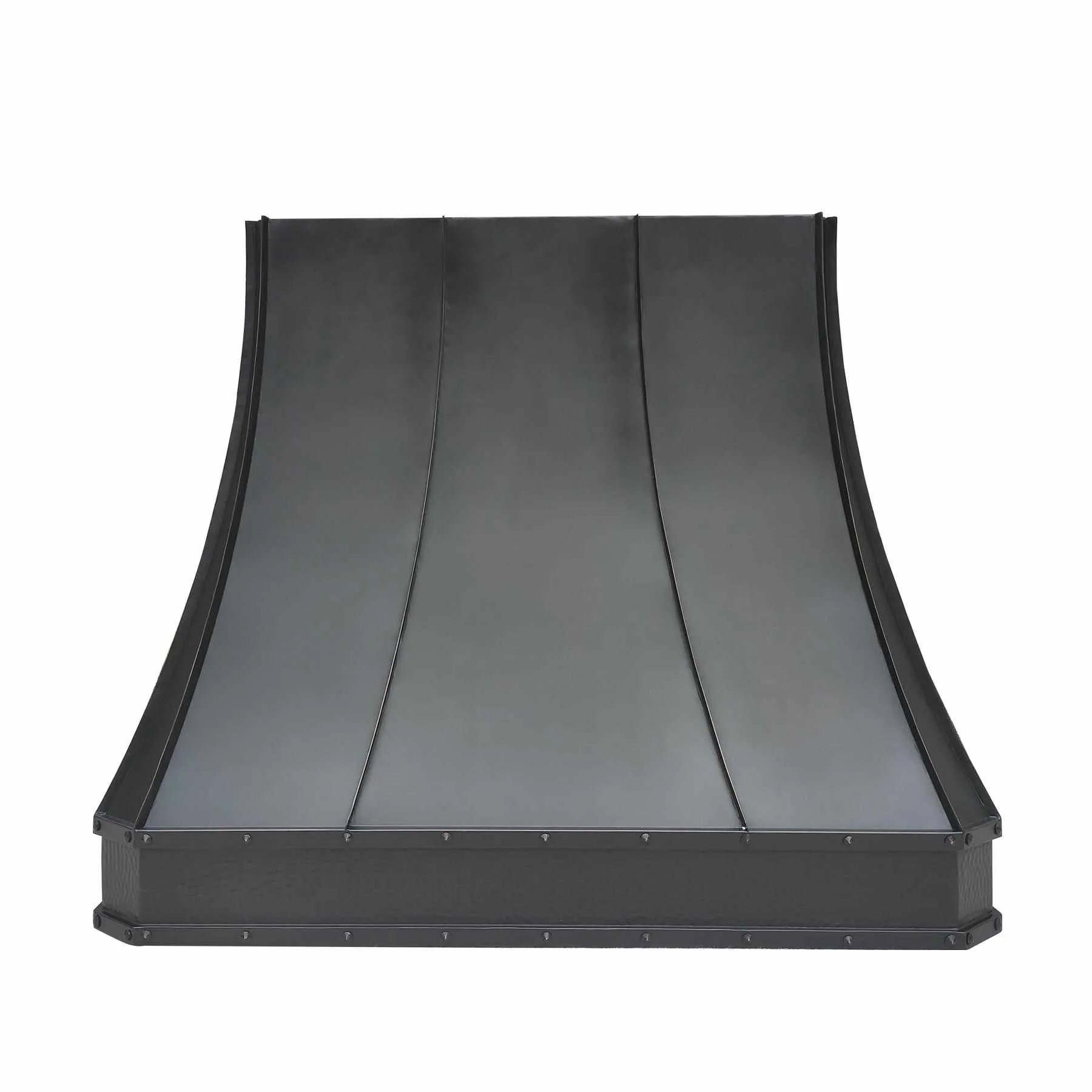 A bronze copper range hood with rivet details, smooth texture on the front