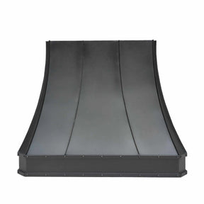 A bronze copper range hood with rivet details, smooth texture on the front