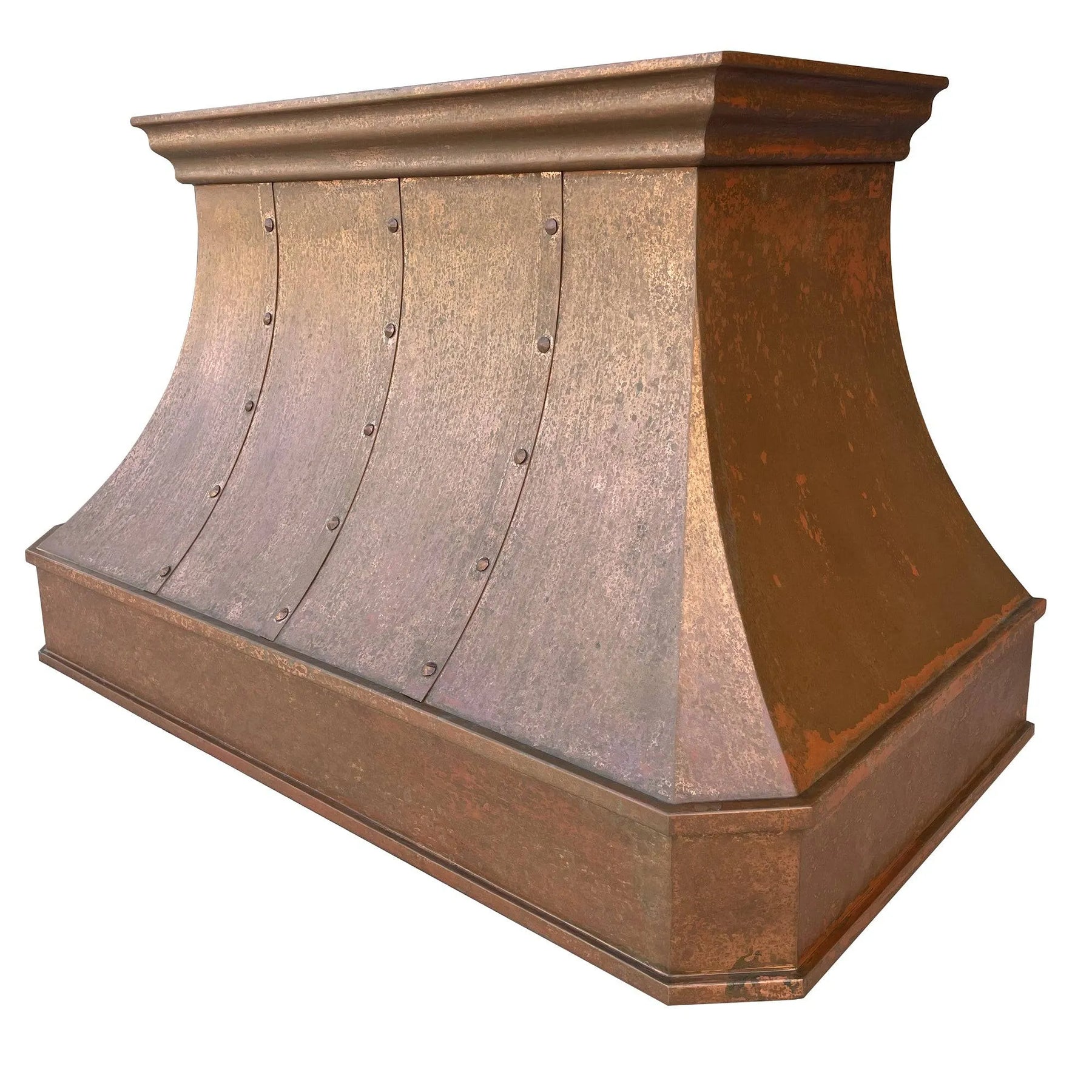 A handmade vintage copper range hood installed above a kitchen stovetop, featuring a curved design with rivets and straps.