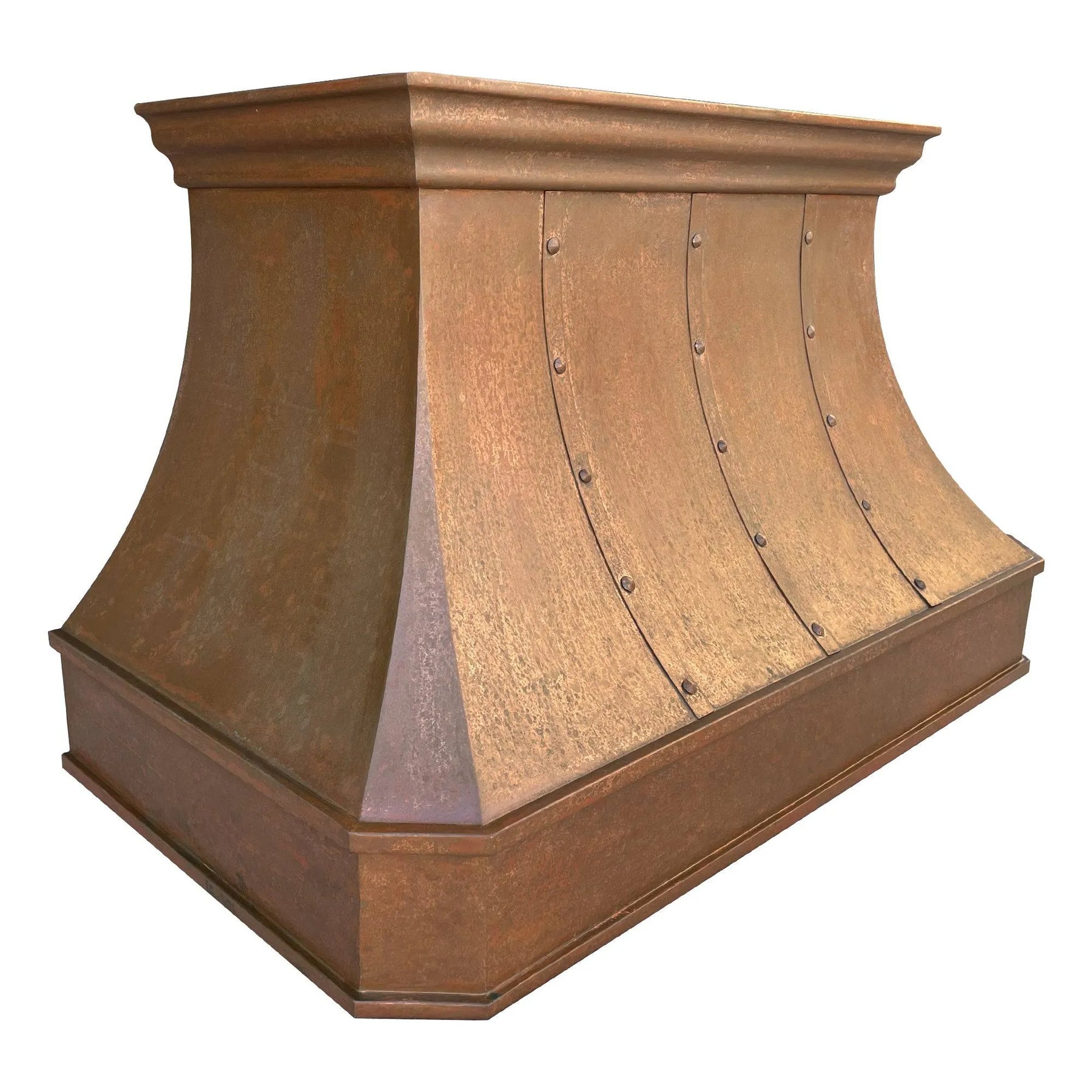 A handmade vintage copper range hood installed above a kitchen stovetop, featuring a curved design with rivets and straps.