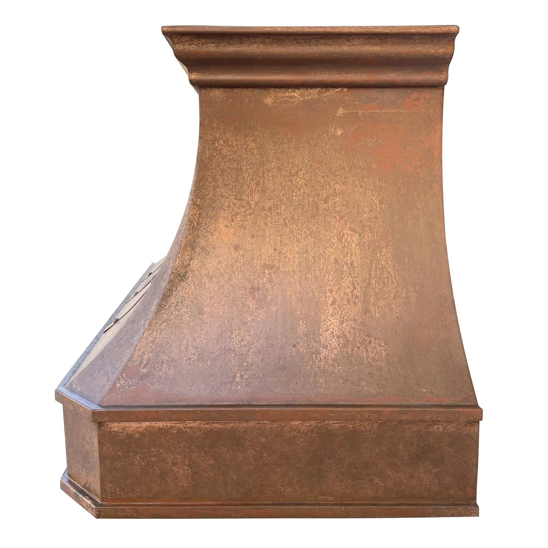 A handmade vintage copper range hood installed featuring natural oxidized texture