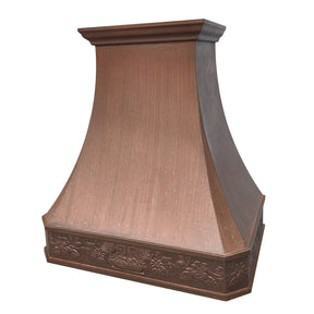 A vintage kitchen copper range hood with a custom pattern, featuring a smooth, curved design.