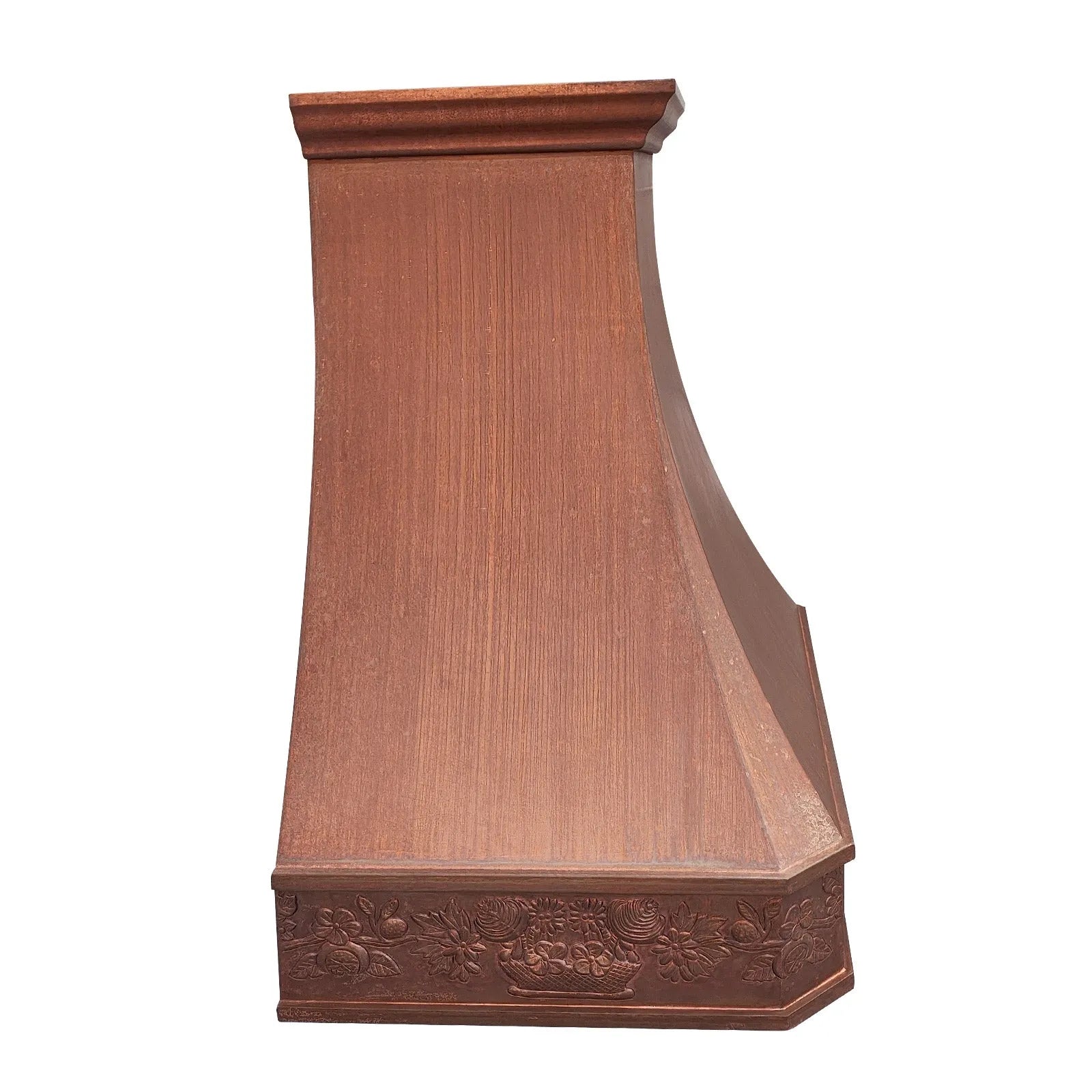 A vintage copper range hood with a hand curved pattern, featuring a smooth, curved design.