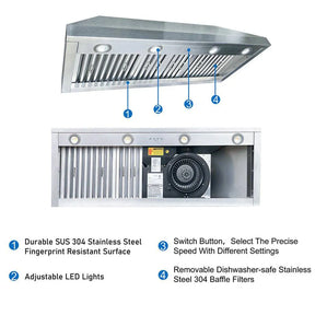 Stainless steel built-in range hood with LED lights, multiple speed settings, and dishwasher-safe baffle filters.