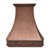 A vintage copper range hood with a custom pattern, featuring a smooth, curved design.