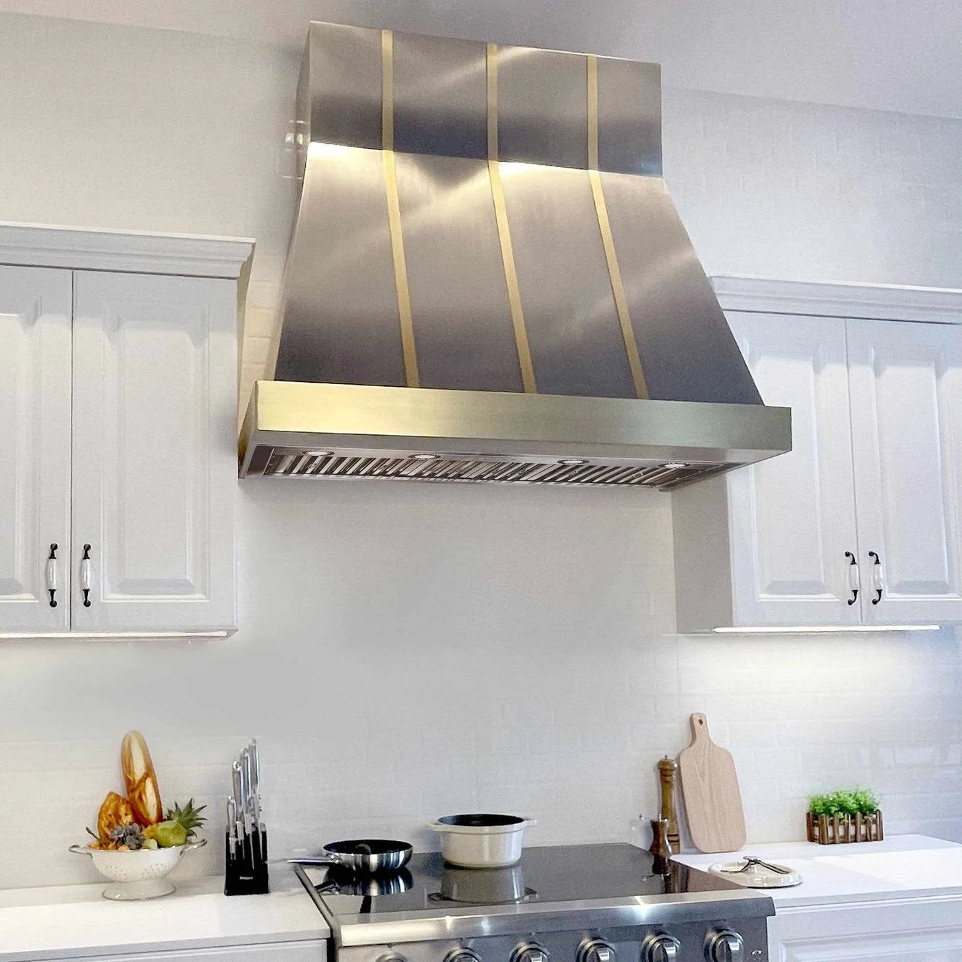 Fobest Wall Mount Stainless Steel Range Hood with Gold Bands FSS-19-Stainless Steel Range Hood-Fobest