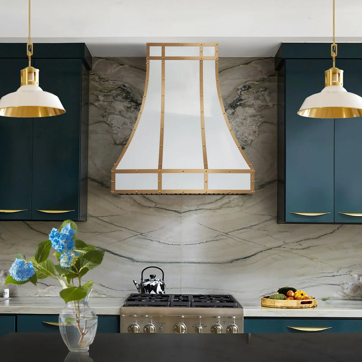 Modern kitchen range hood with stainless steel stove