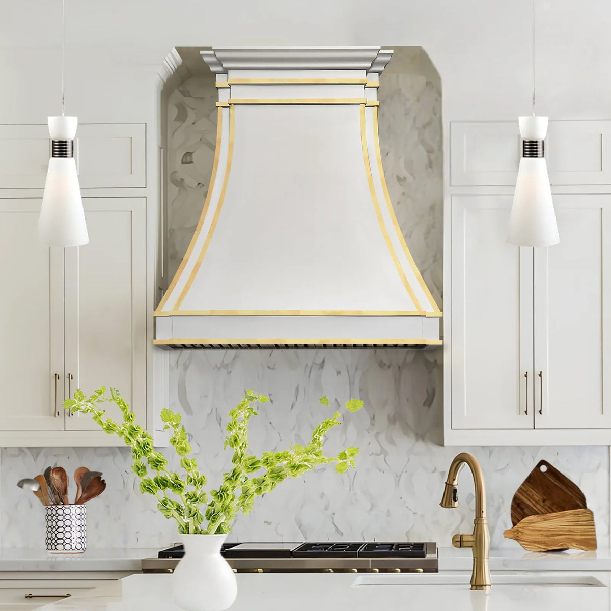 Fobest White Custom Stainless Steel Range Hood with Polished Brass Trim FSS-424-Stainless Steel Range Hood-Fobest