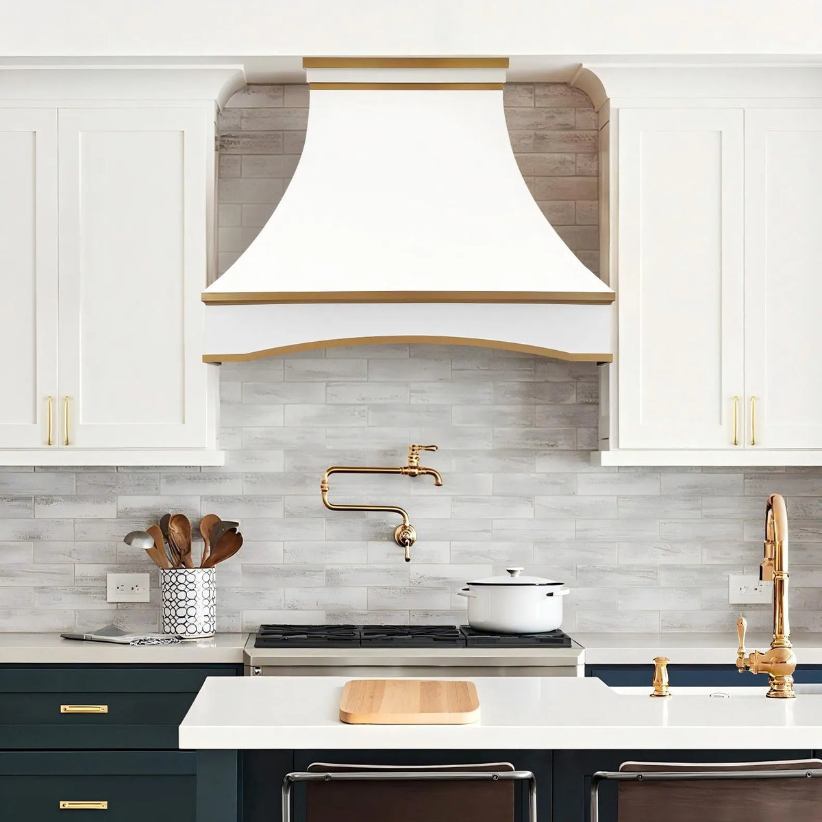 Fobest White Range Hood with Arched Design and Brass Trim FSS-403-Stainless Steel Range Hood-Fobest
