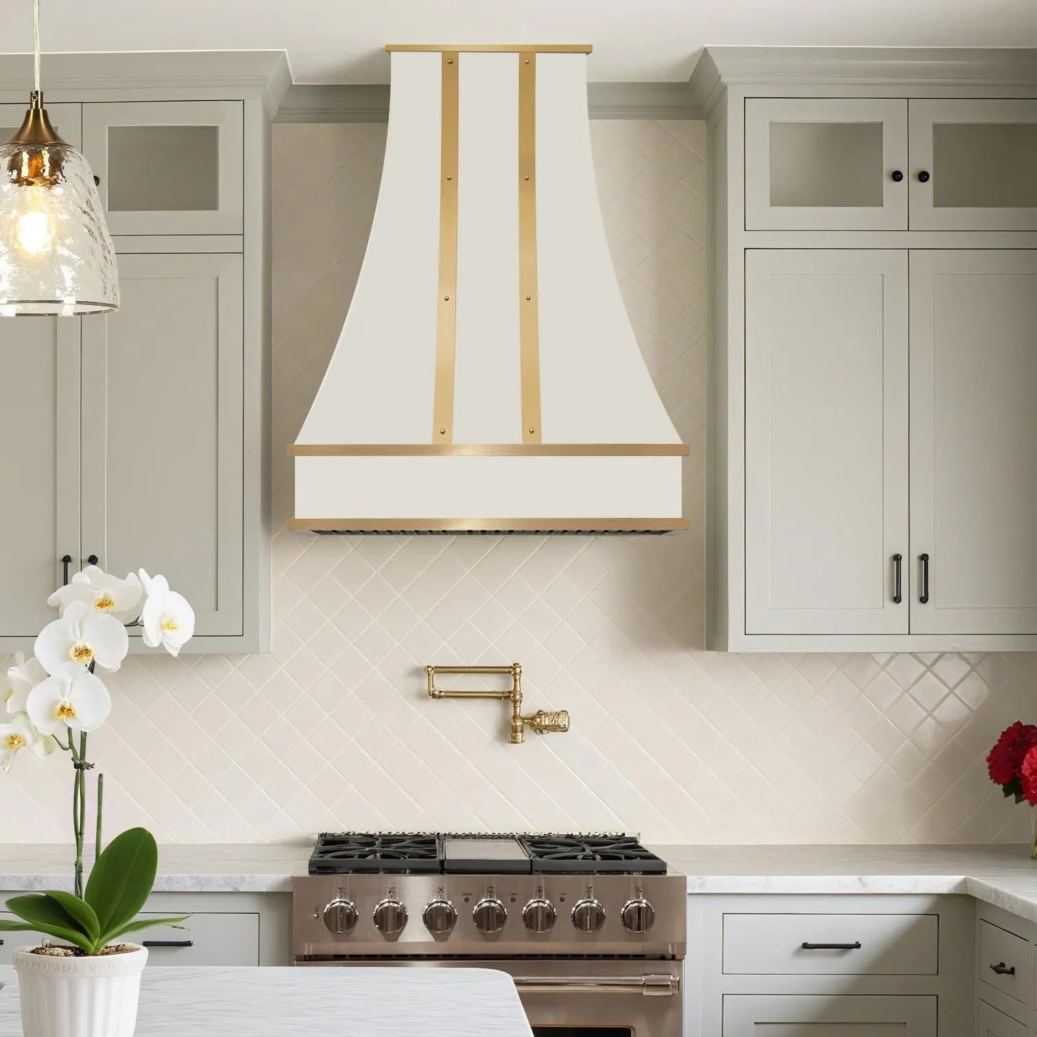 Fobest White Stainless Steel Range Hood with Brass Trim Accents FSS-398-Stainless Steel Range Hood-Fobest