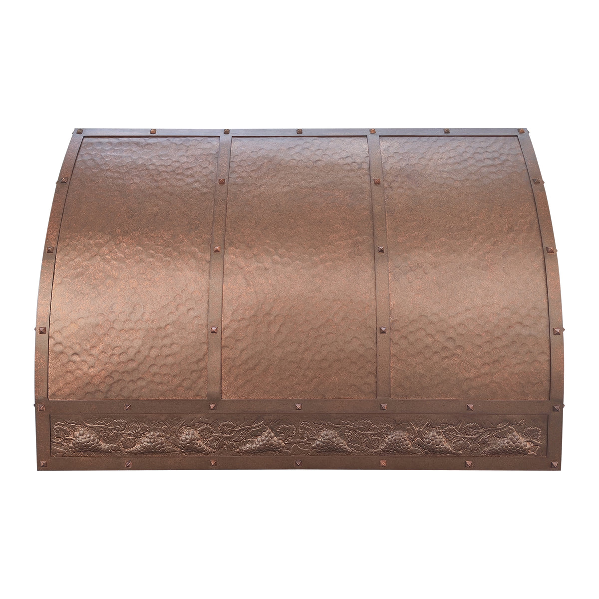 Copper stove hood with textured surface and decorative elements 