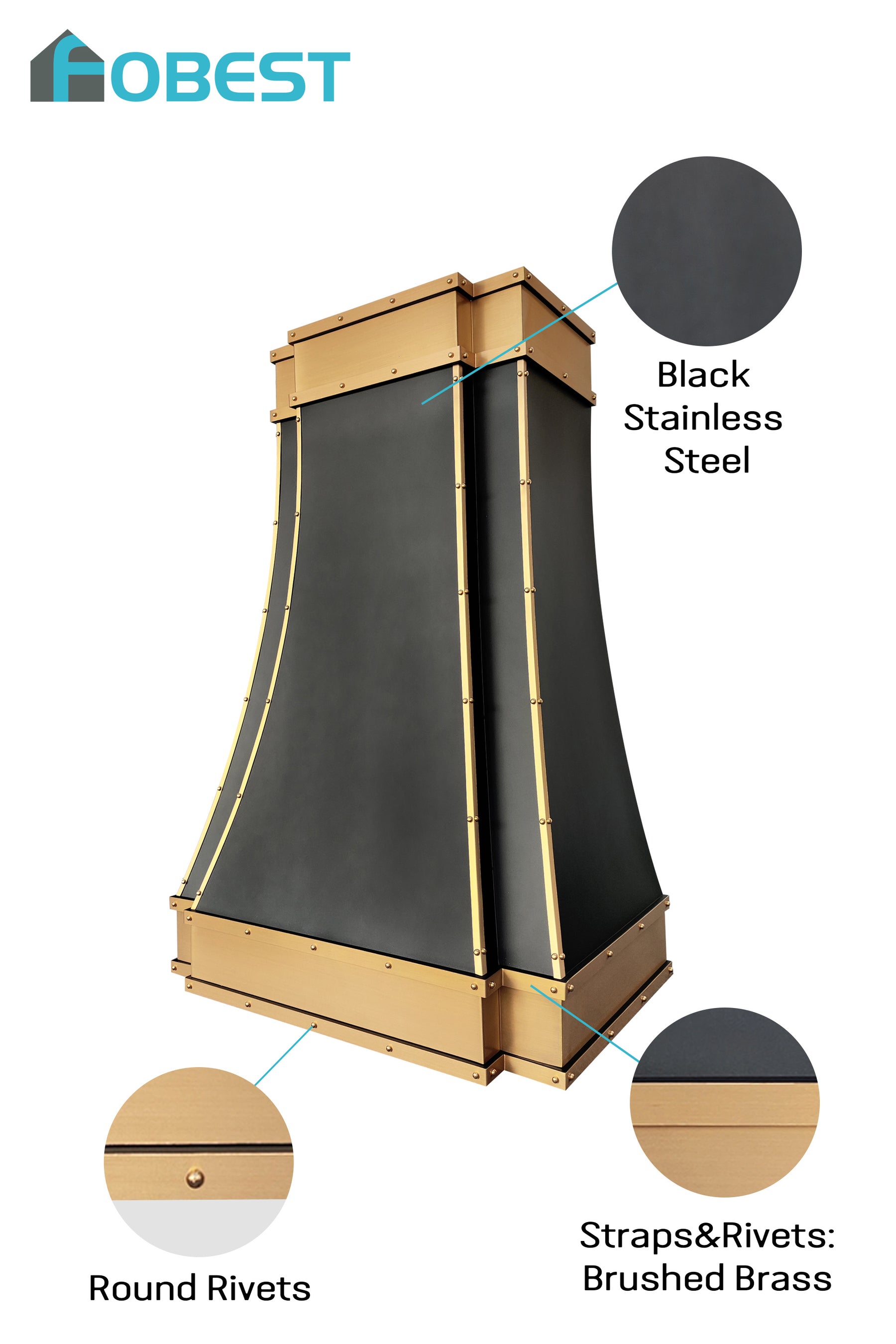 Fobest Black Stainless Steel Kitchen Hood with Brushed Brass Bands FSS-490