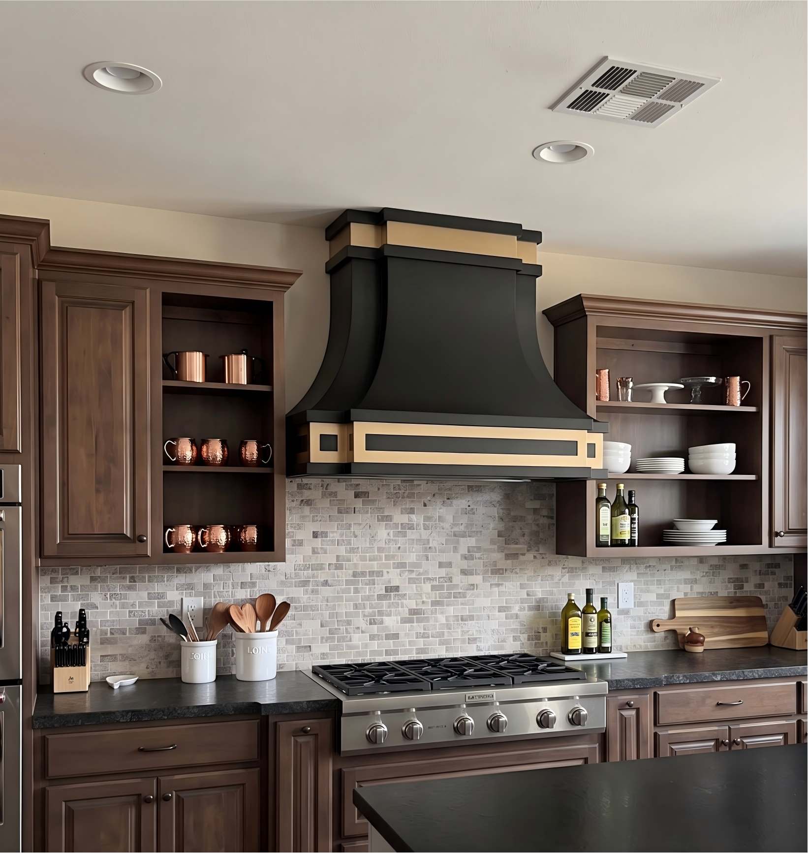 Fobest Black Stove Hood with Brushed Brass Trim FSS-407