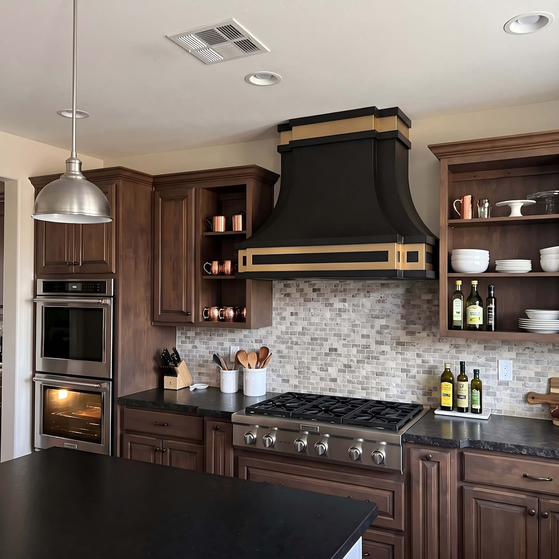 Fobest Black Stove Hood with Brushed Brass Trim FSS-407