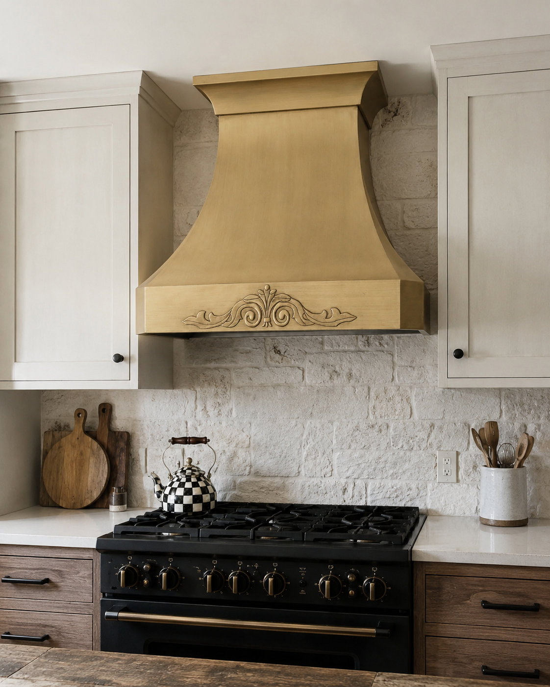 Fobest Brushed Brass Range Hood with Decorative Apron FSS-488