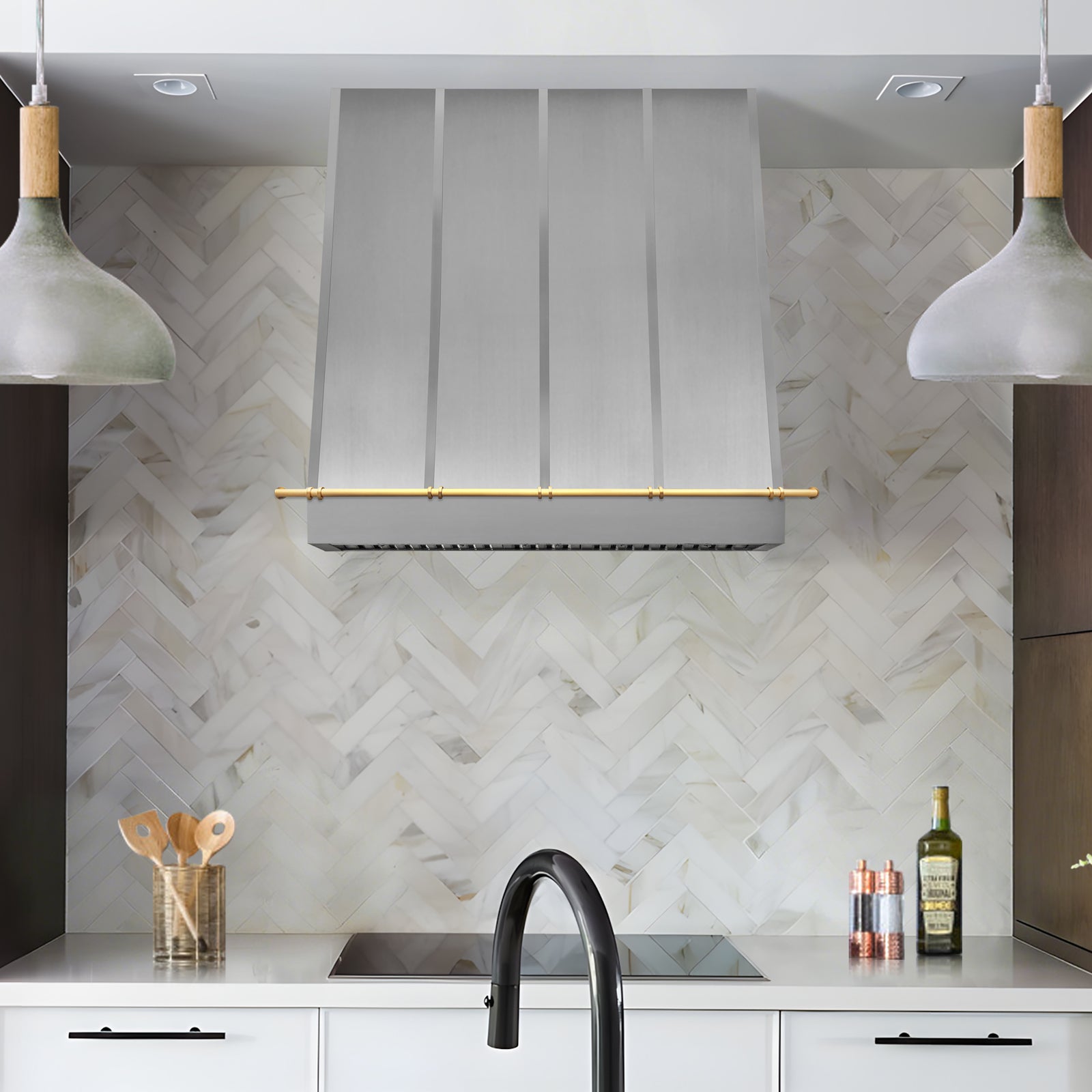 Fobest Brushed Stainless Steel Range Hood with Brass Pot Rail FSS-400