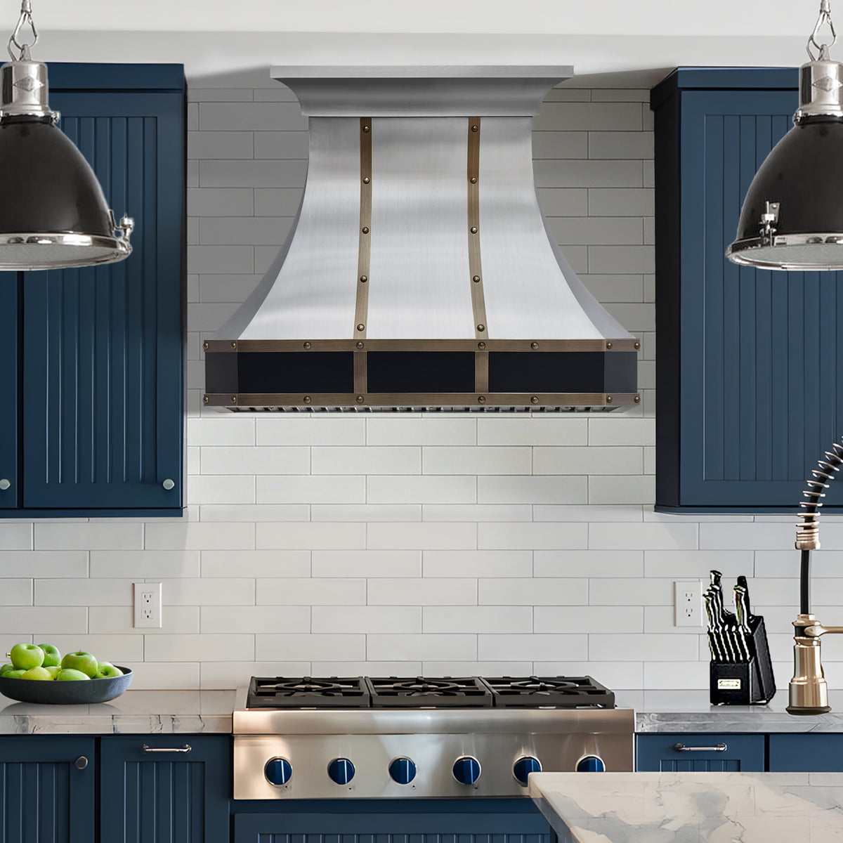 Fobest Curved Brushed Stainless Steel Range Hood with Black & Aged Brass Accents FSS-594