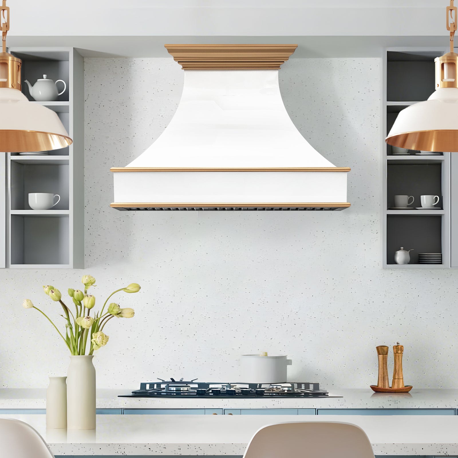 Fobest Curved White Stainless Steel Range Hood with Brass Crown and Trim FSS-378
