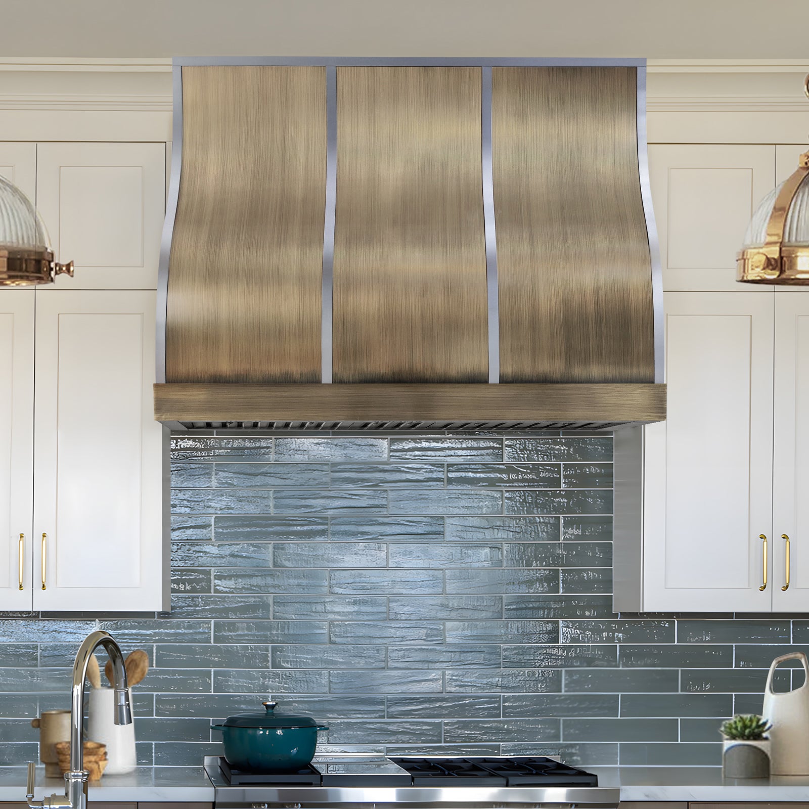 Fobest Custom Aged Brass Range Hood with Natural Zinc Straps FSS-647