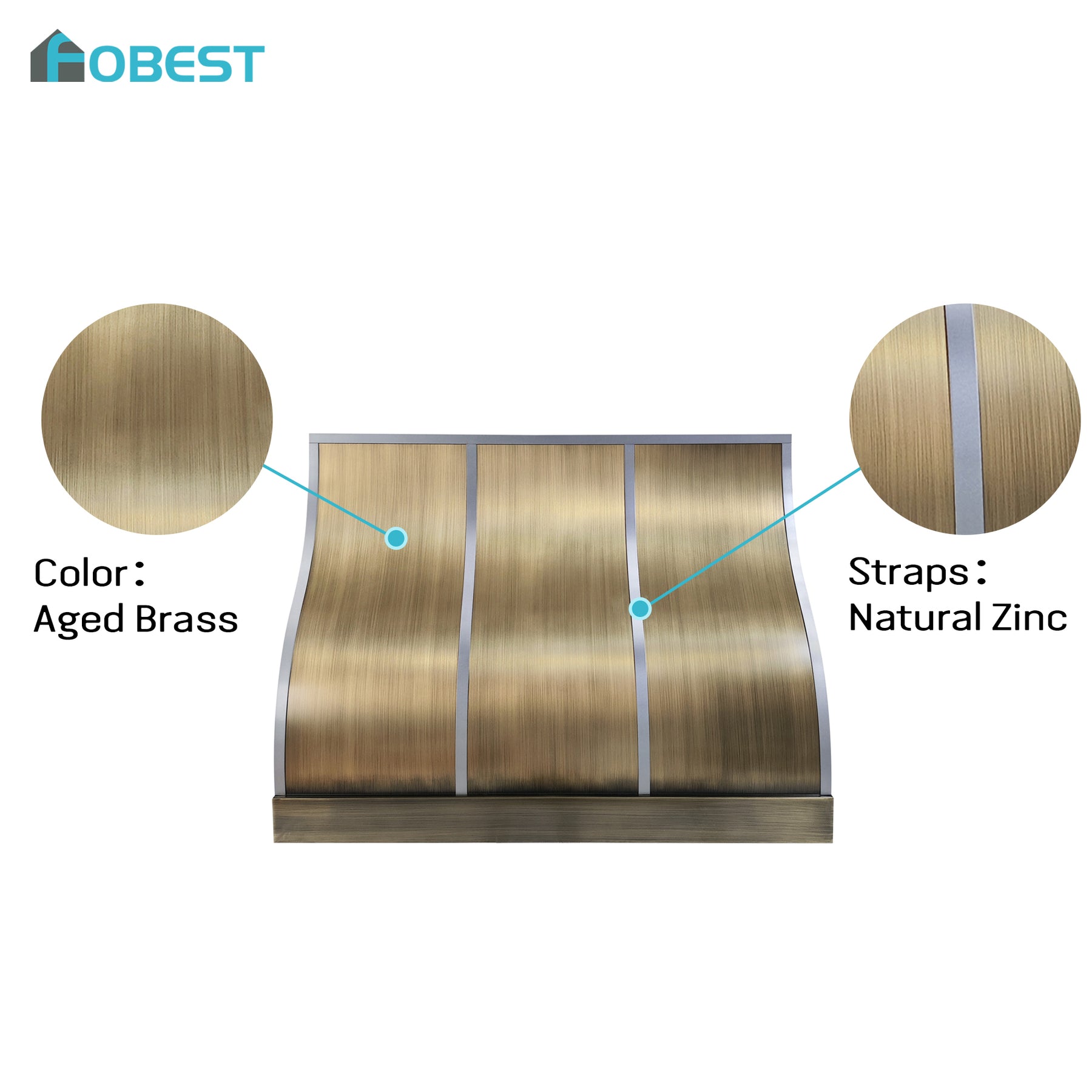 Fobest Custom Aged Brass Range Hood with Natural Zinc Straps FSS-647